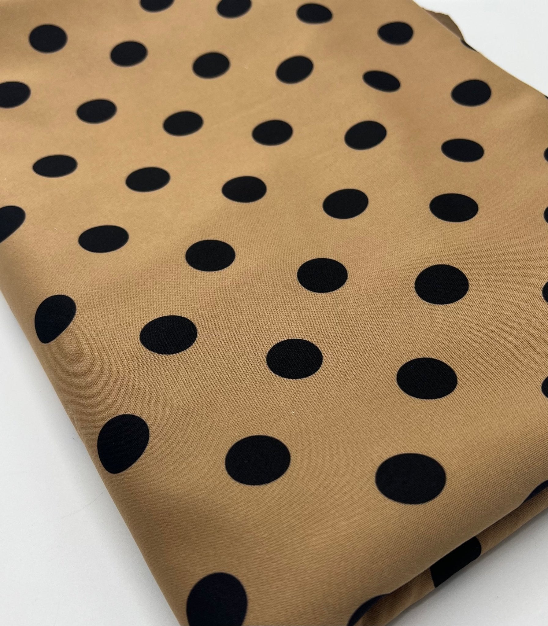 Tan Black Polka Printed Plain Scuba 2 Way Stretch Jersey Fabric - T9 Fabrics
