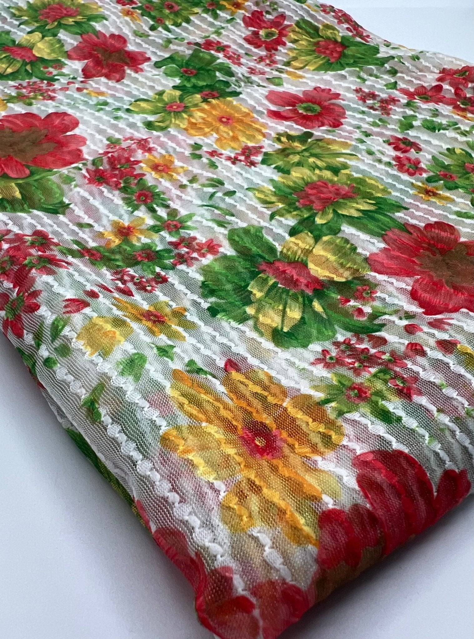 Textured Stripe Floral Print Mesh Fabric 2 Way Stretch - T9 Fabrics