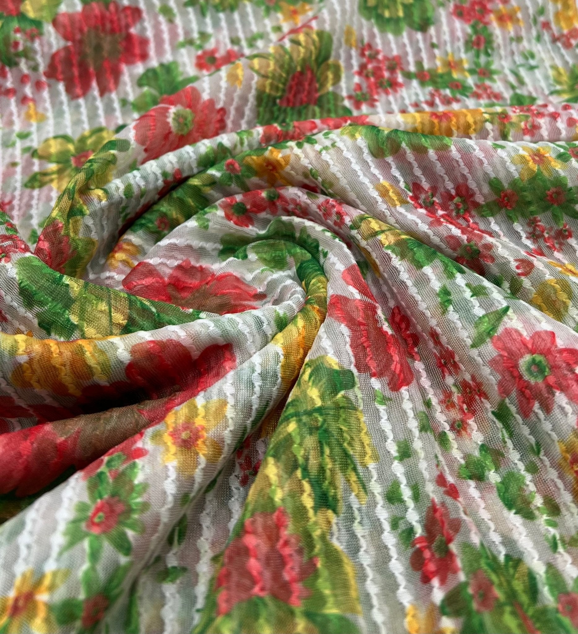 Textured Stripe Floral Print Mesh Fabric 2 Way Stretch - T9 Fabrics