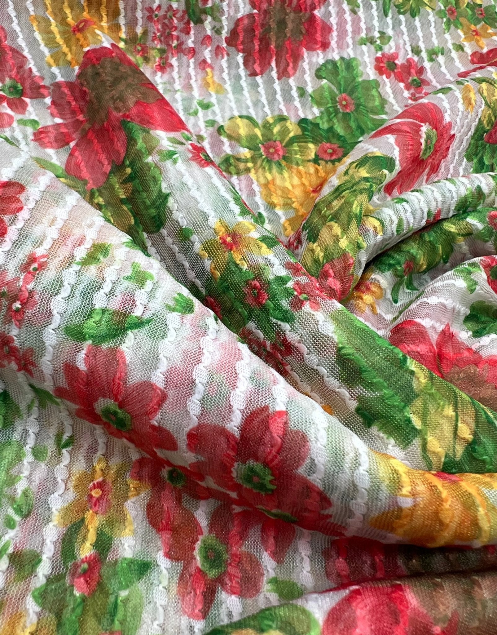 Textured Stripe Floral Print Mesh Fabric 2 Way Stretch - T9 Fabrics