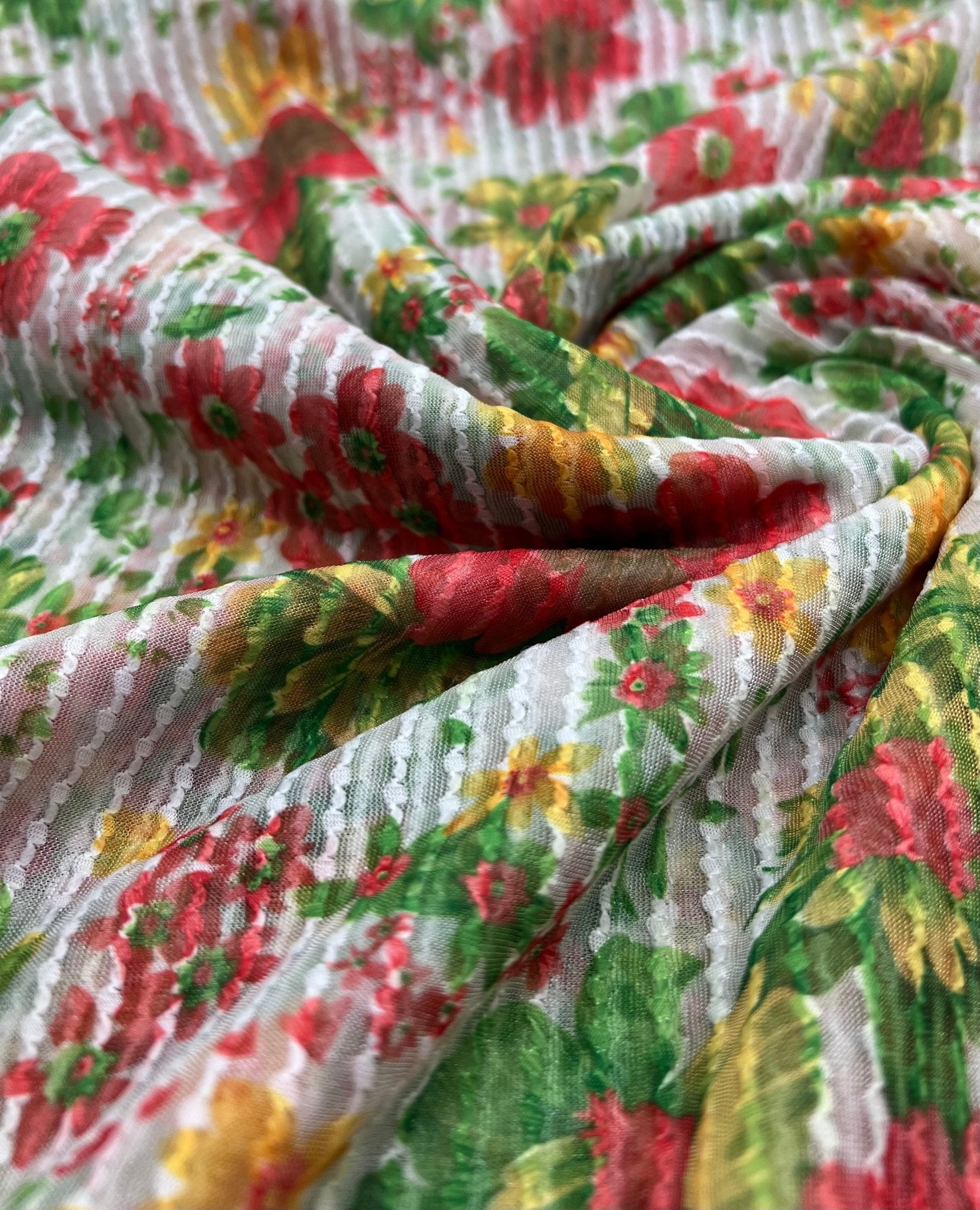Textured Stripe Floral Print Mesh Fabric 2 Way Stretch - T9 Fabrics