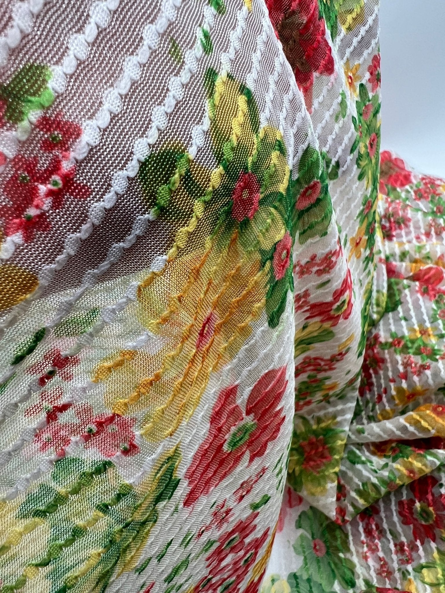 Textured Stripe Floral Print Mesh Fabric 2 Way Stretch - T9 Fabrics