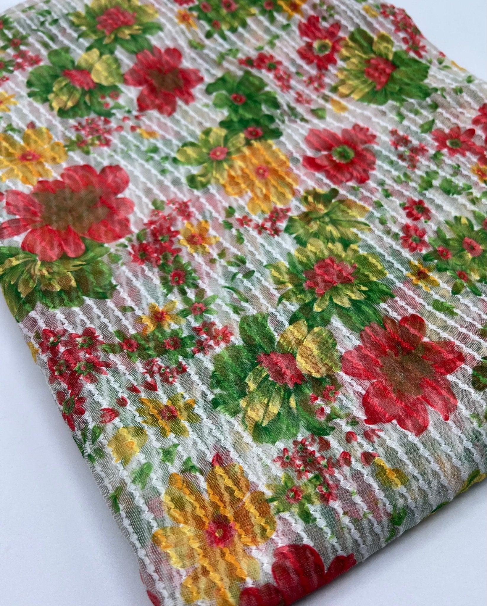 Textured Stripe Floral Print Mesh Fabric 2 Way Stretch - T9 Fabrics