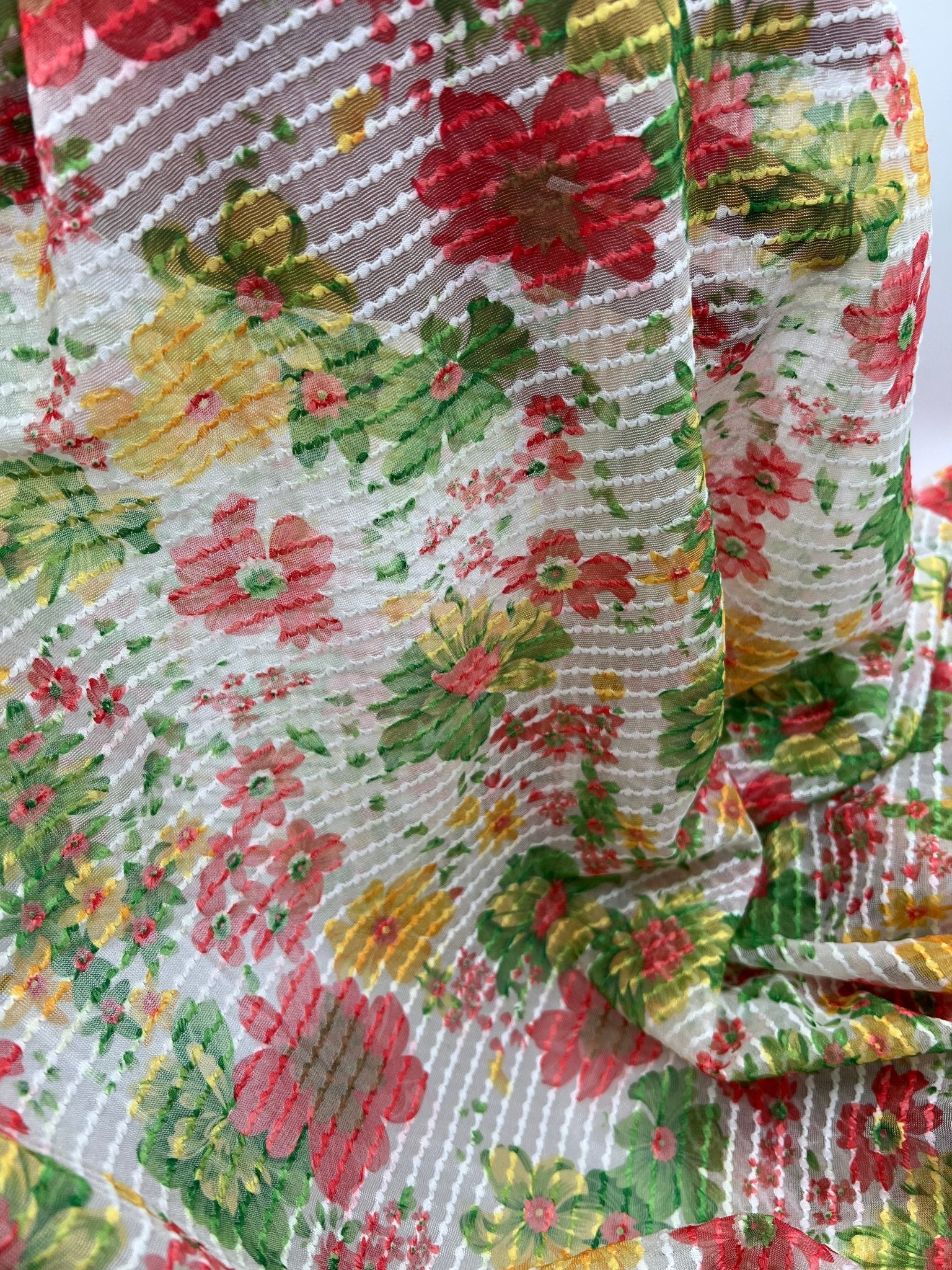 Textured Stripe Floral Print Mesh Fabric 2 Way Stretch - T9 Fabrics