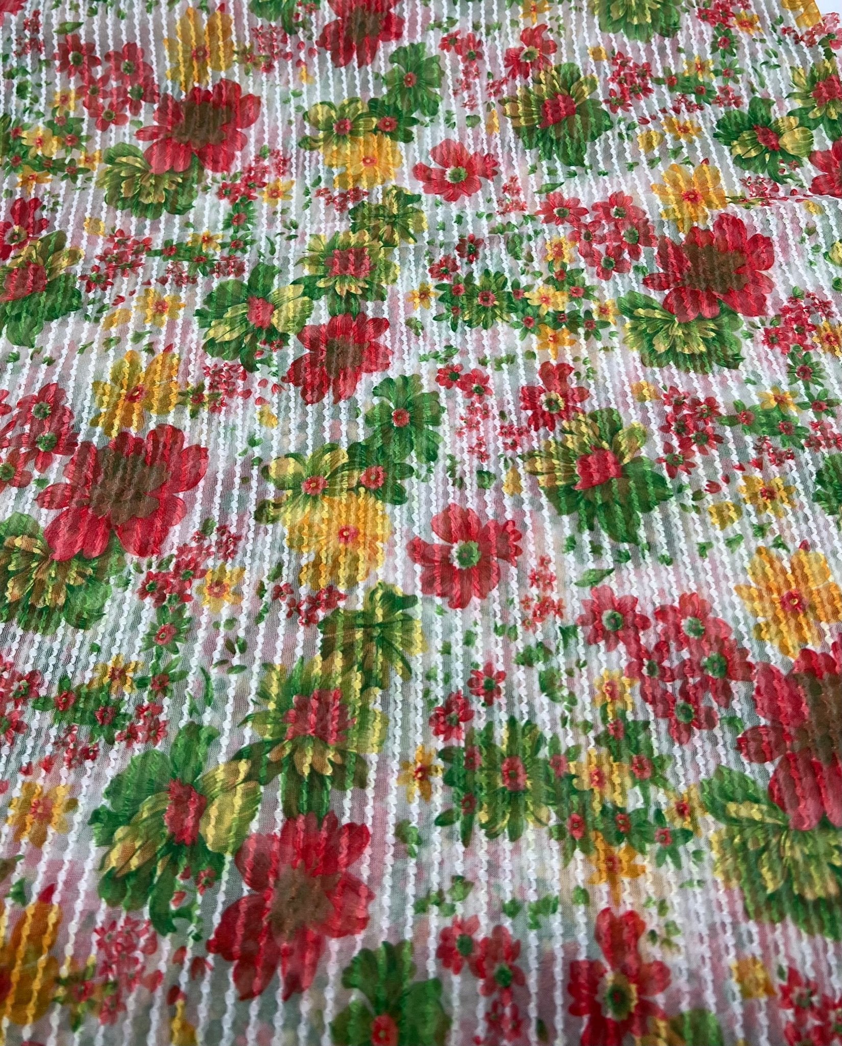 Textured Stripe Floral Print Mesh Fabric 2 Way Stretch - T9 Fabrics