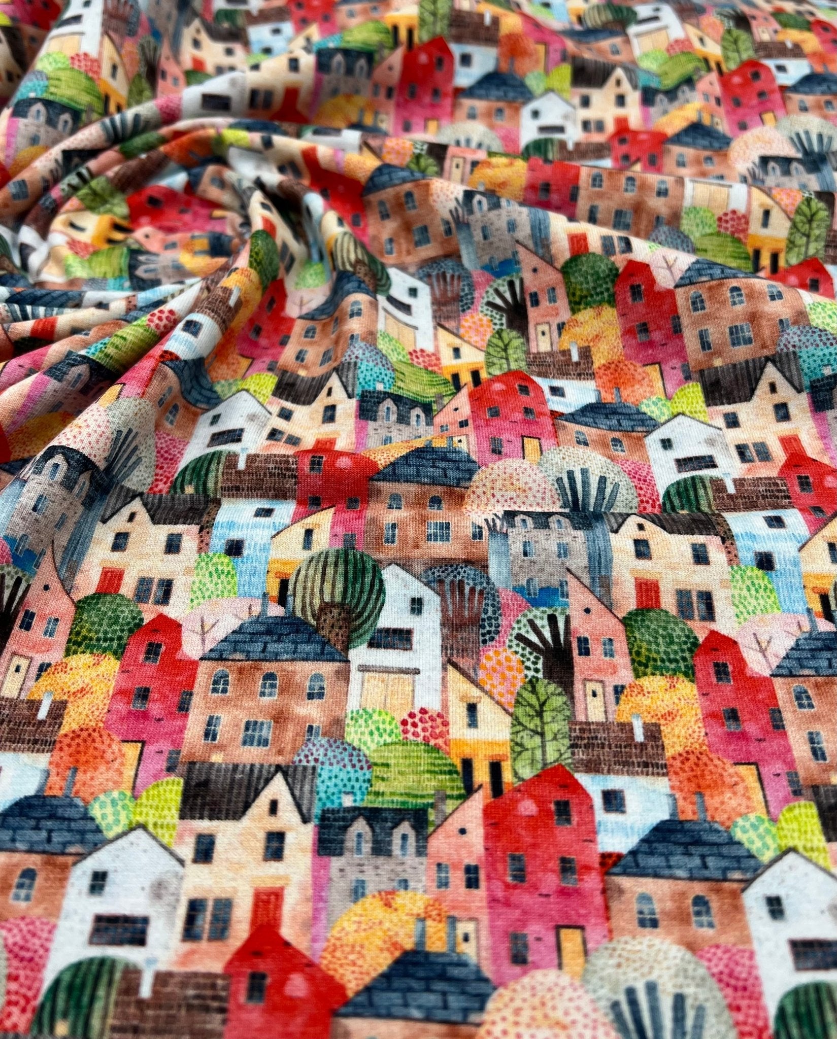 Townhouses Print Cotton Stretch Jersey 200 GSM 95/5 Lycra 4 Way Stretch - T9 Fabrics