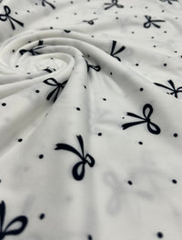 White Black Bow Spot Super Soft Print Spun Poly Stretch Fabric - T9 Fabrics