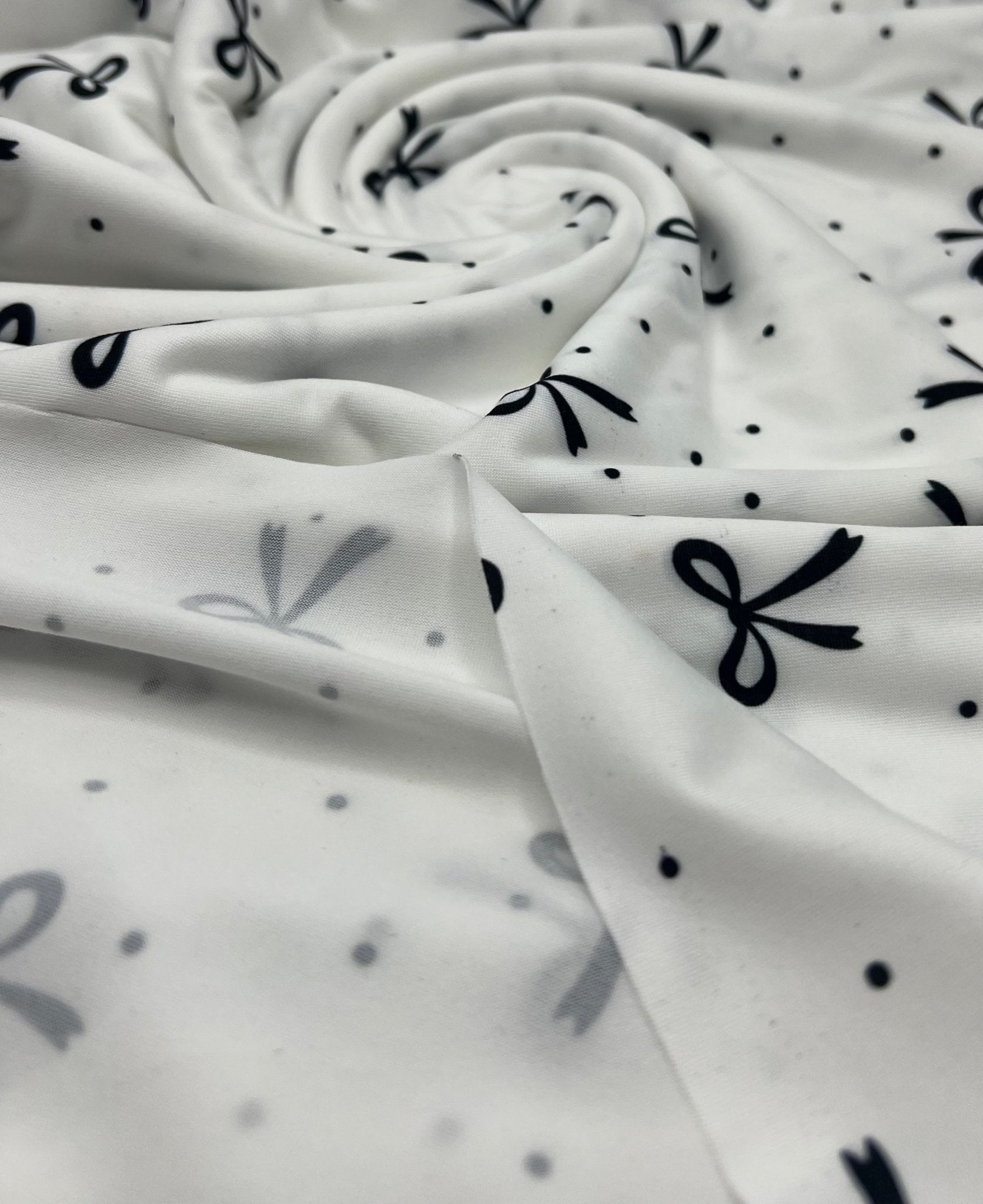 White Black Bow Spot Super Soft Print Spun Poly Stretch Fabric - T9 Fabrics
