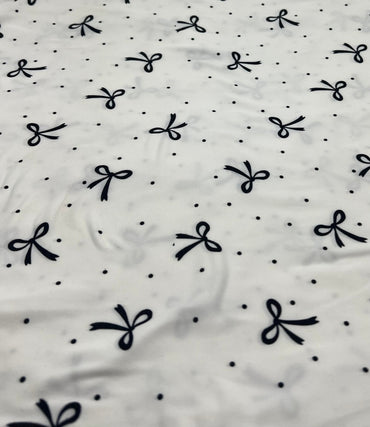 White Black Bow Spot Super Soft Print Spun Poly Stretch Fabric - T9 Fabrics