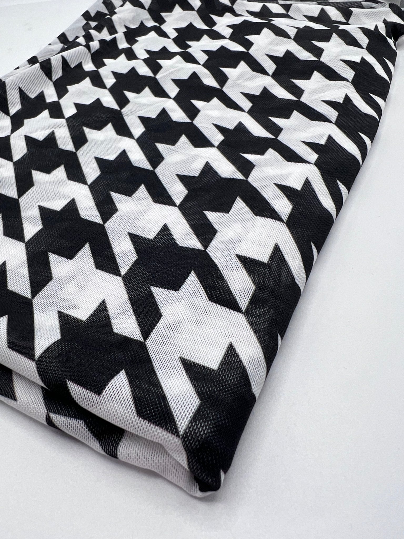 White Black Dogtooth Mesh Fabric Stretch - T9 Fabrics