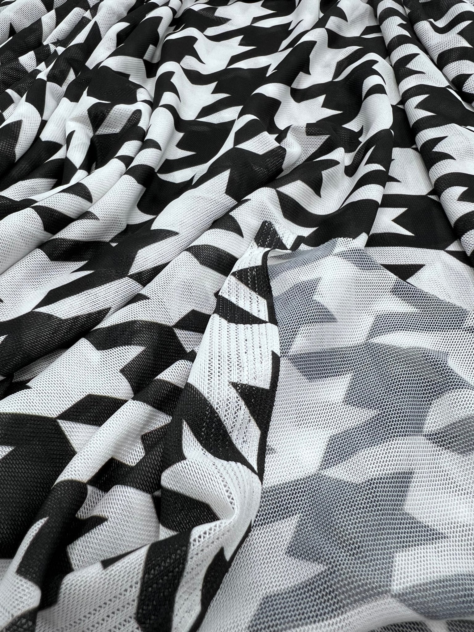 White Black Dogtooth Mesh Fabric Stretch - T9 Fabrics