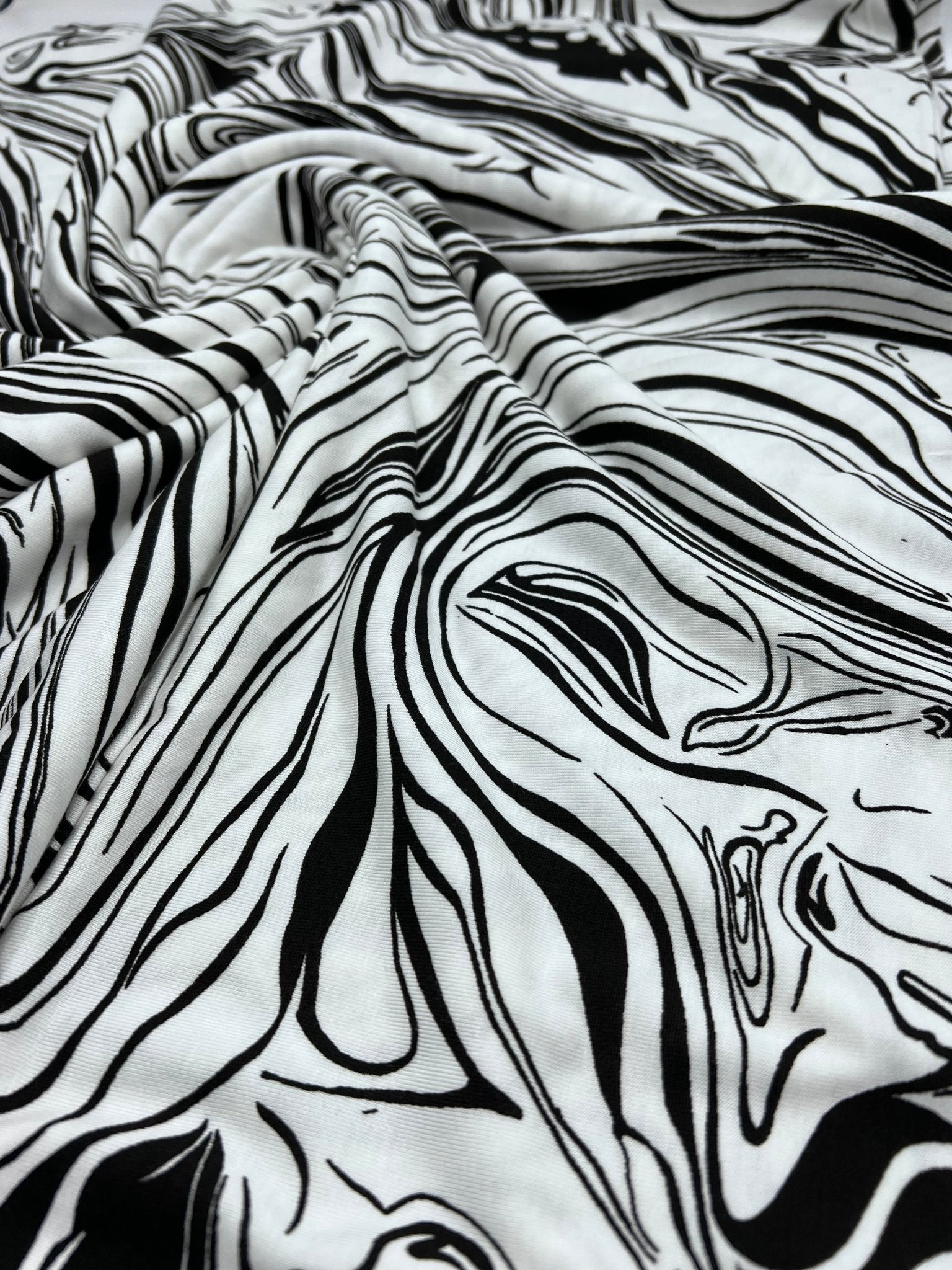 White Black Paint Print Viscose Elastane Fabric - T9 Fabrics