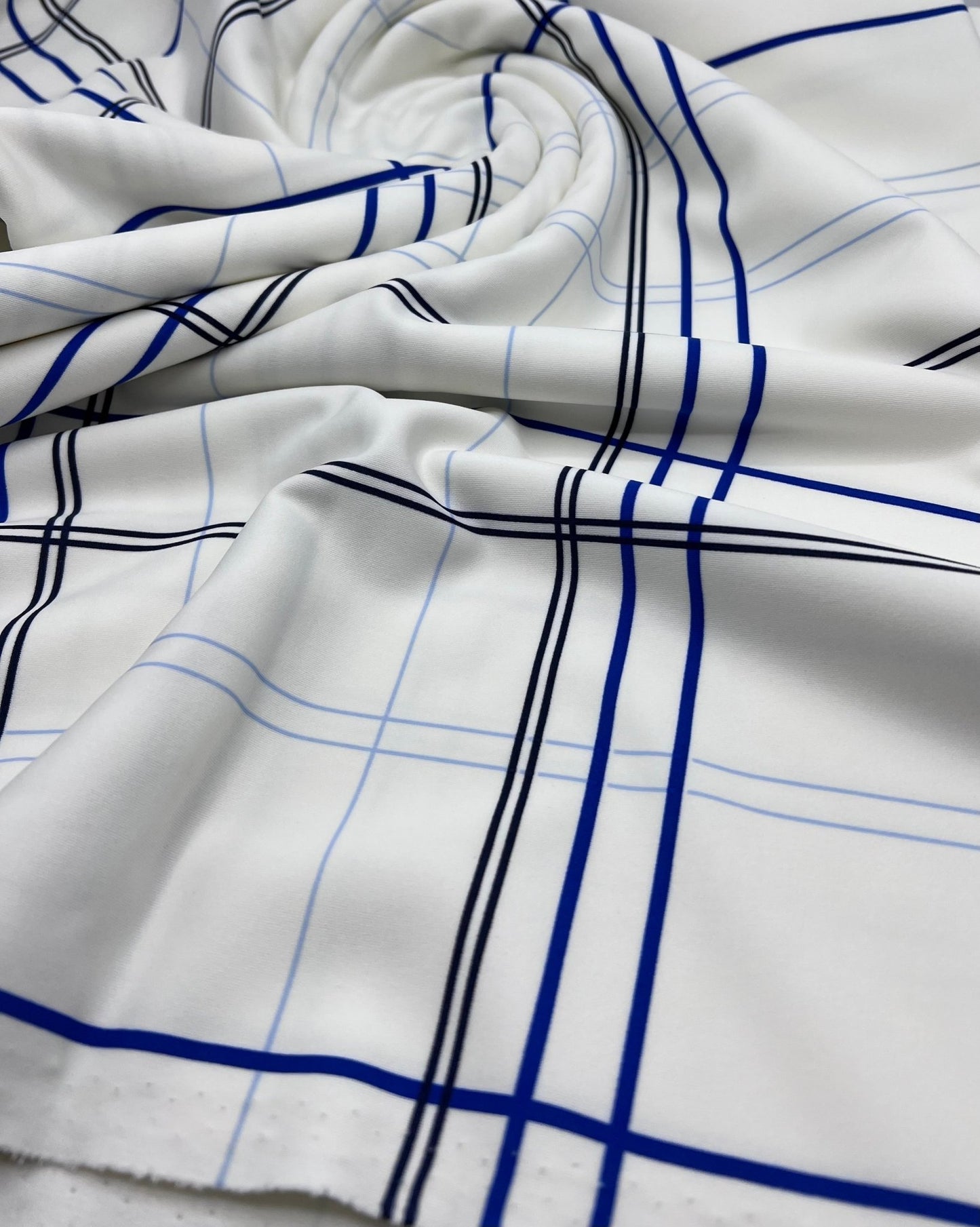 White Blue Check Printed Scuba Crepe Jersey Fabric 4 Way Stretch - T9 Fabrics