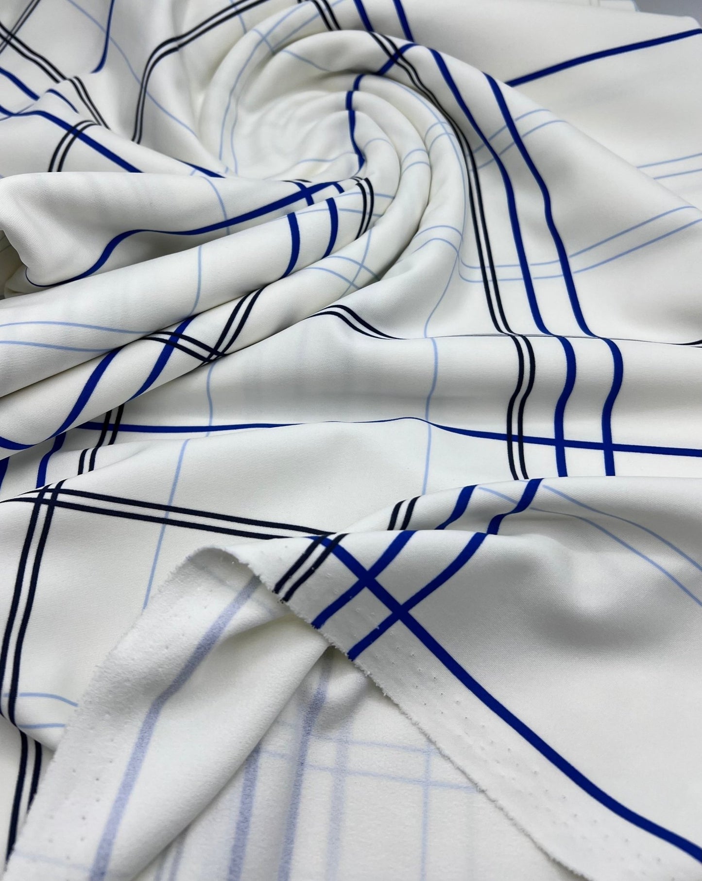 White Blue Check Printed Scuba Crepe Jersey Fabric 4 Way Stretch - T9 Fabrics