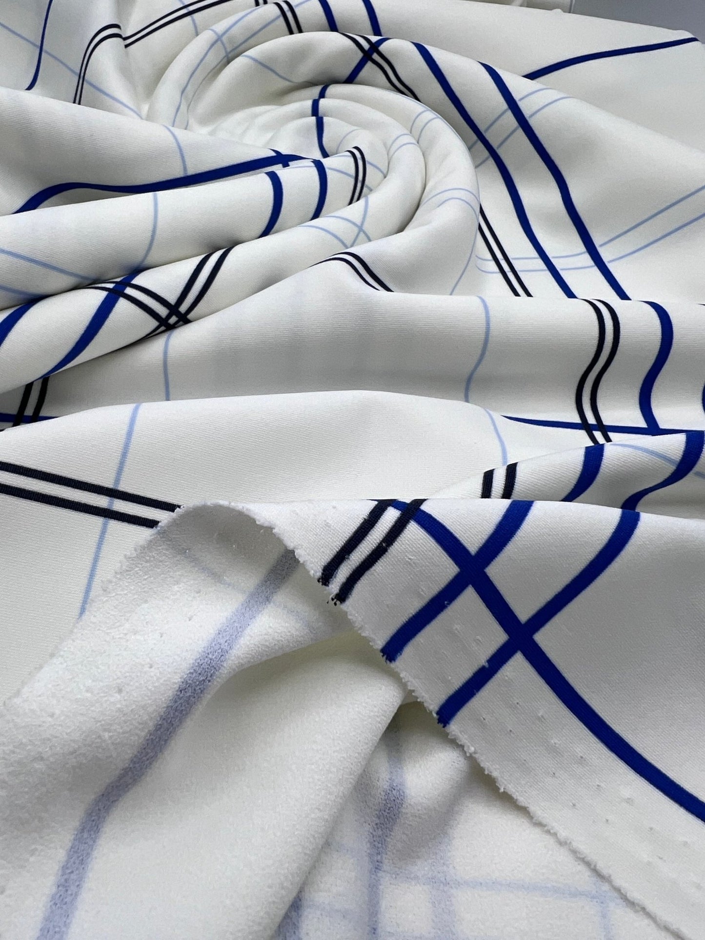 White Blue Check Printed Scuba Crepe Jersey Fabric 4 Way Stretch - T9 Fabrics