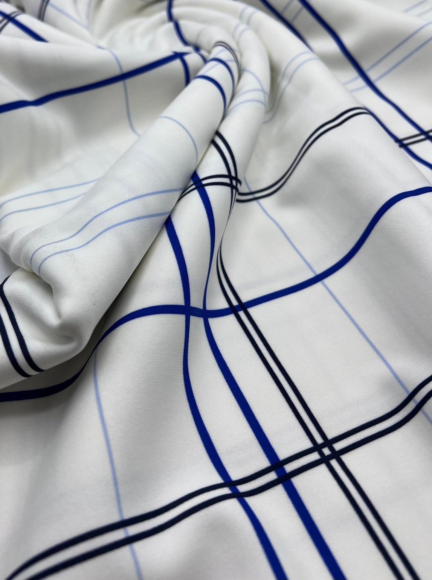 White Blue Check Printed Scuba Crepe Jersey Fabric 4 Way Stretch - T9 Fabrics