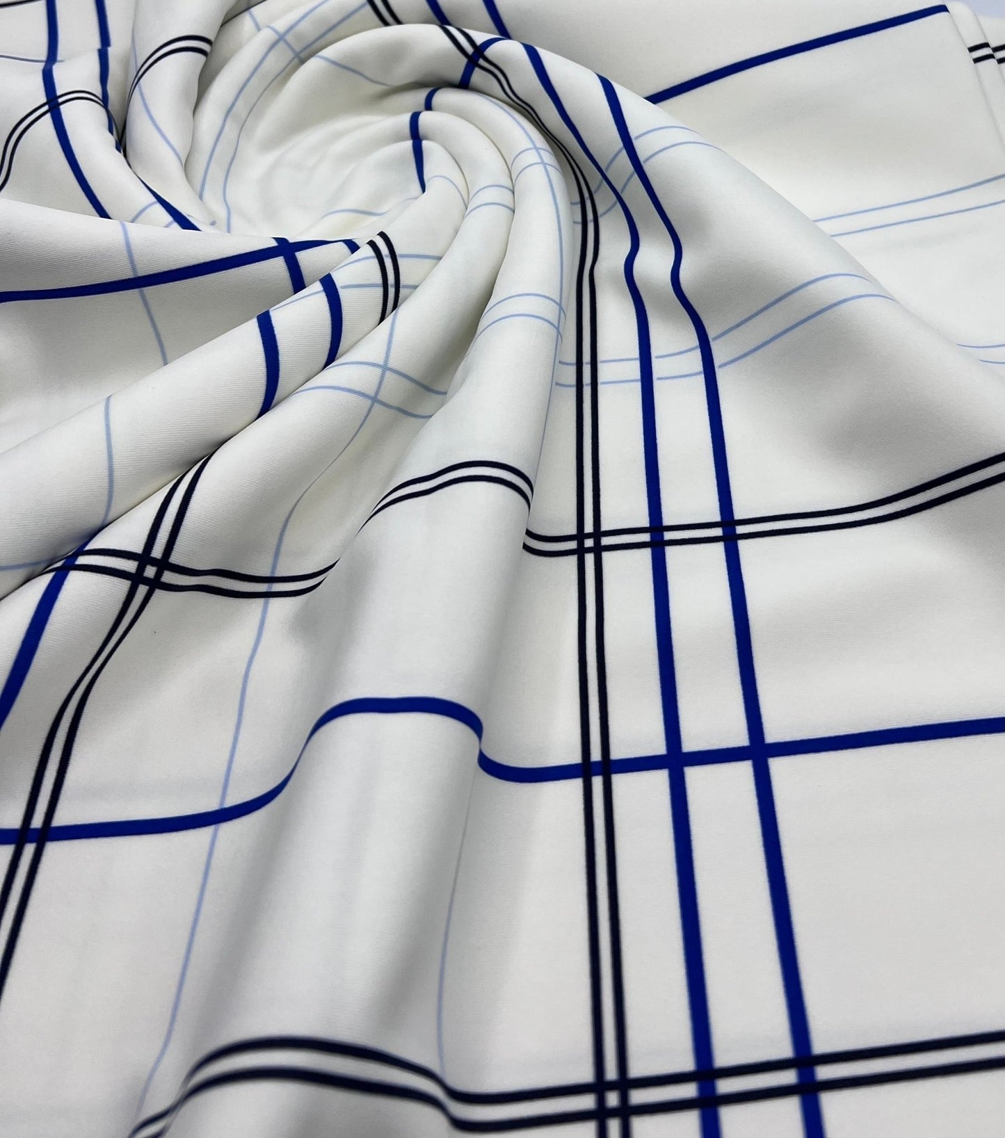 White Blue Check Printed Scuba Crepe Jersey Fabric 4 Way Stretch - T9 Fabrics