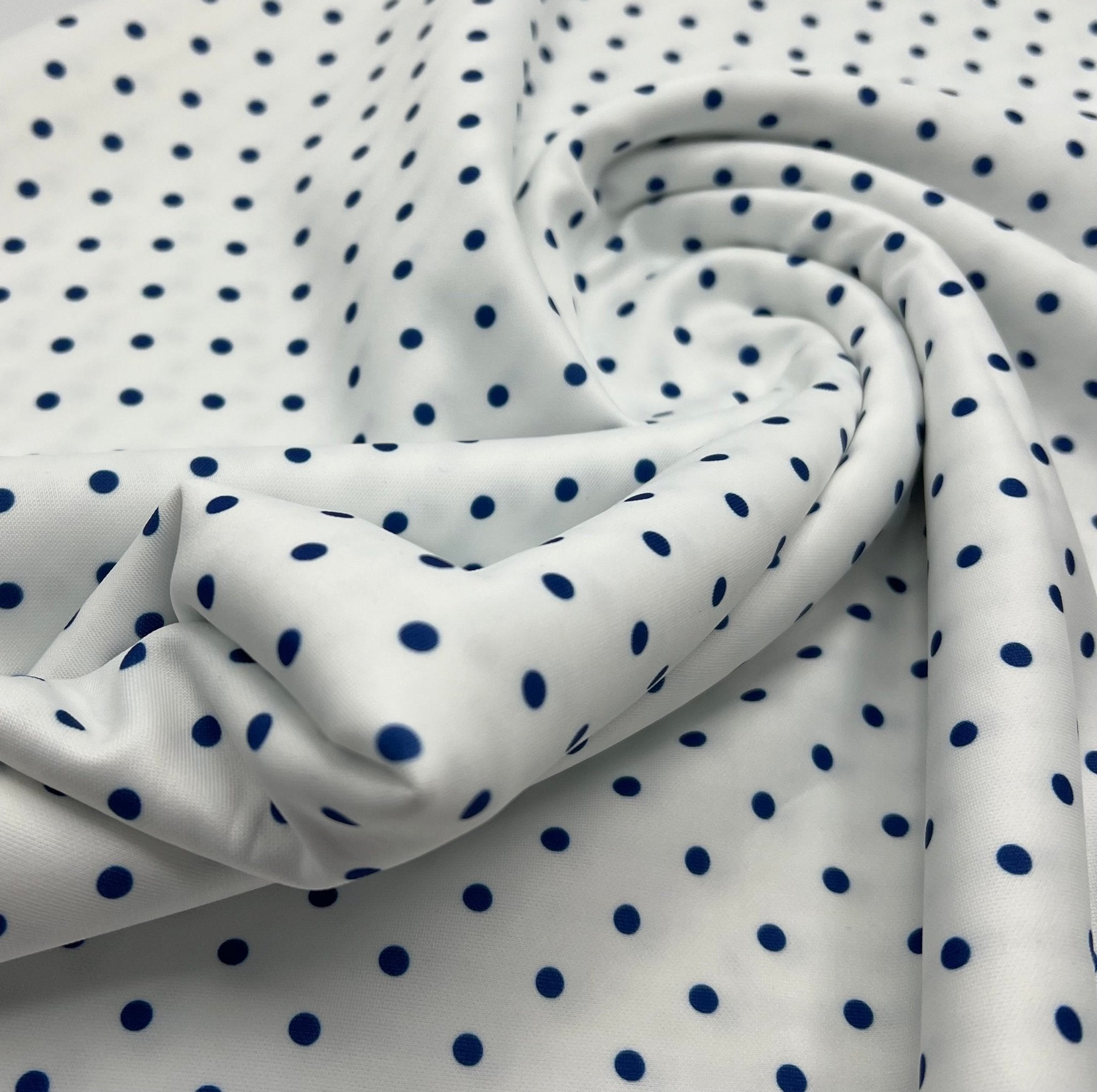 White Blue Polka Printed Plain Scuba Fabric - T9 Fabrics