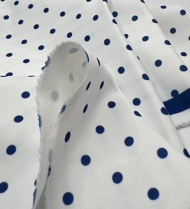 White Blue Polka Printed Plain Scuba Fabric - T9 Fabrics