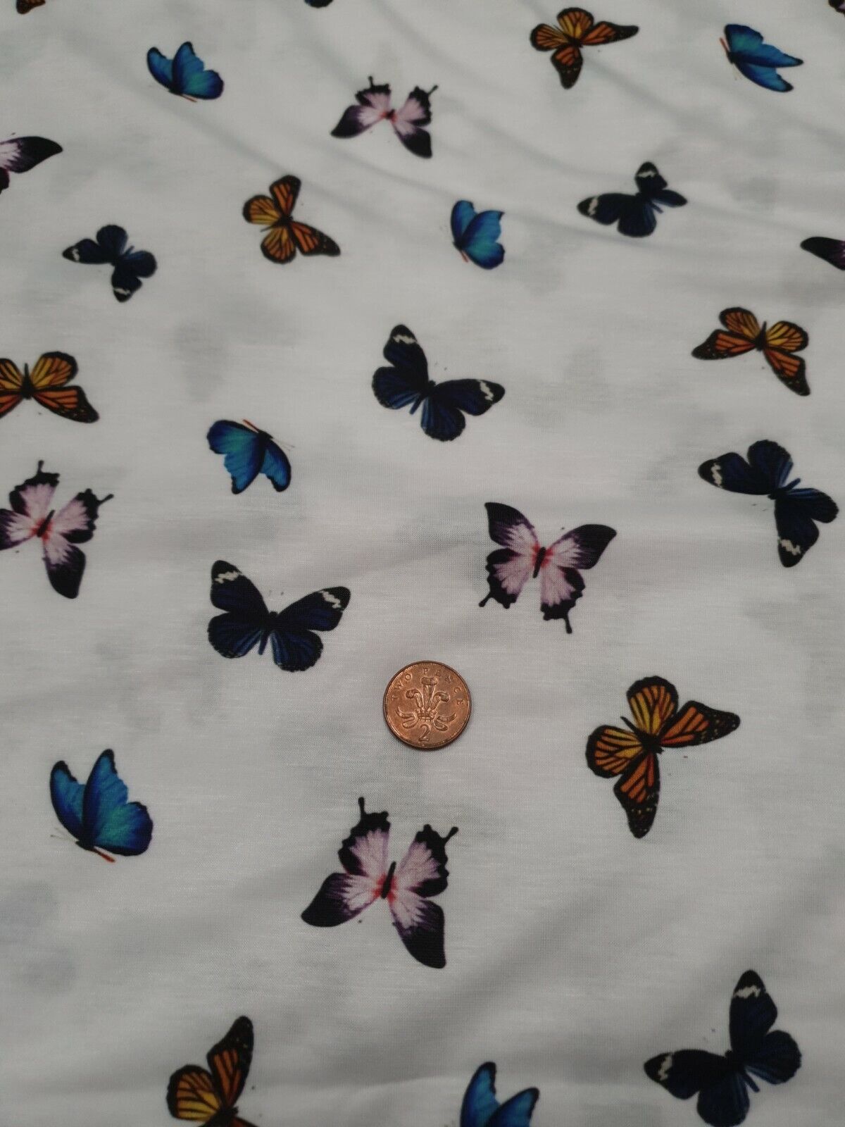 White Butterfly Print Spun Poly Stretch Fabric - T9 Fabrics