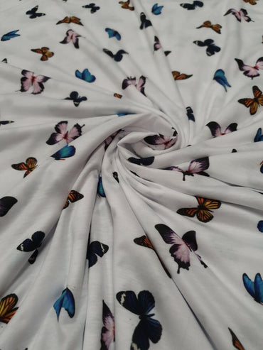 White Butterfly Print Spun Poly Stretch Fabric - T9 Fabrics