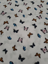 White Butterfly Print Spun Poly Stretch Fabric - T9 Fabrics