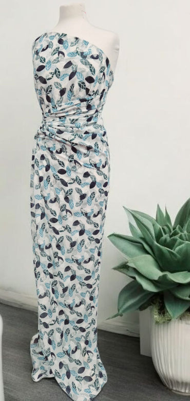 White Colorful Leaves Printed Chiffon Dress Fabric - T9 Fabrics