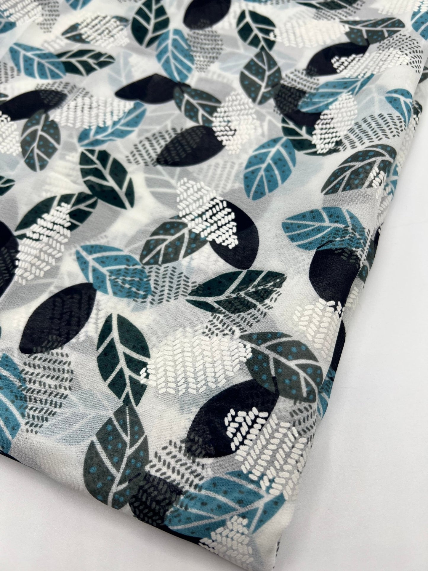 White Colorful Leaves Printed Chiffon Dress Fabric - T9 Fabrics