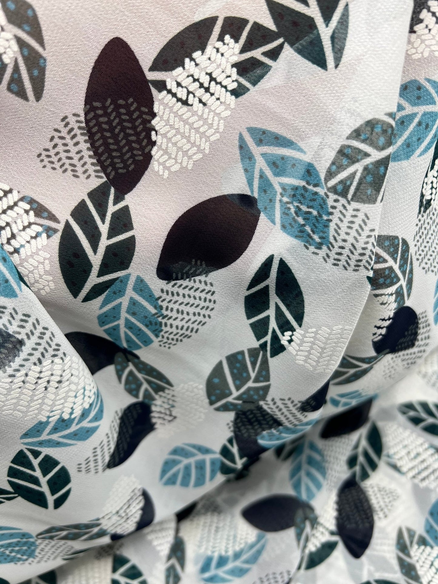 White Colorful Leaves Printed Chiffon Dress Fabric - T9 Fabrics