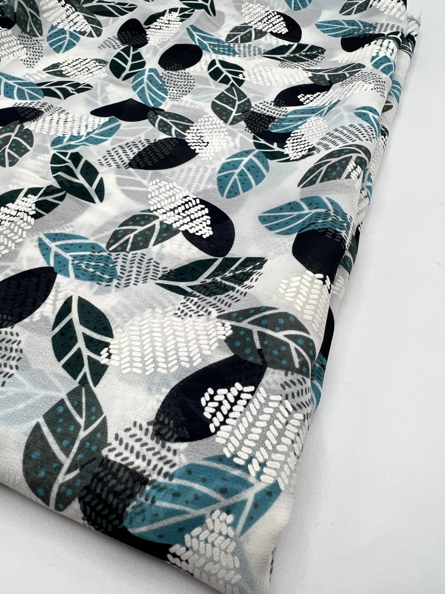 White Colorful Leaves Printed Chiffon Dress Fabric - T9 Fabrics