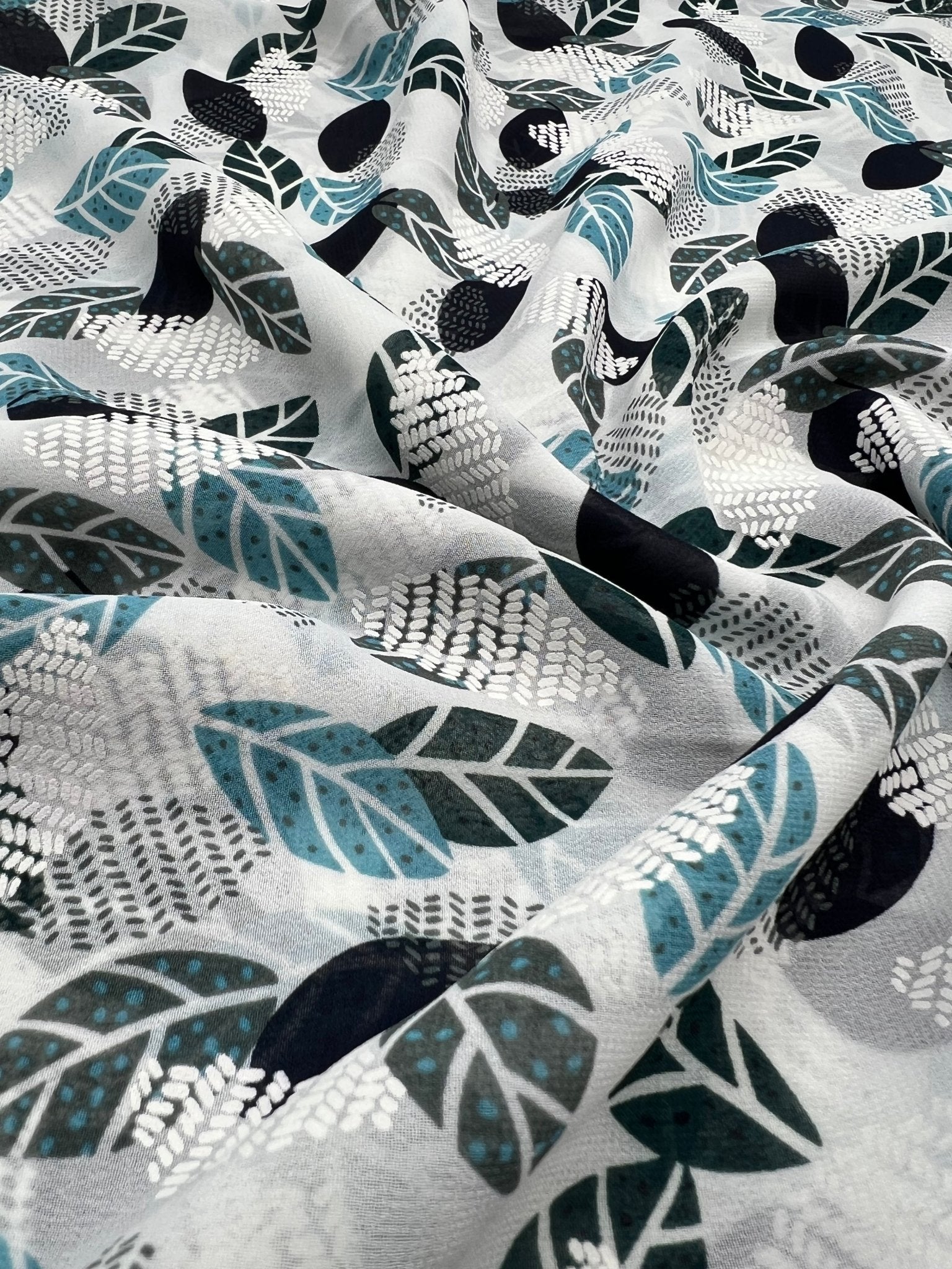 White Colorful Leaves Printed Chiffon Dress Fabric - T9 Fabrics