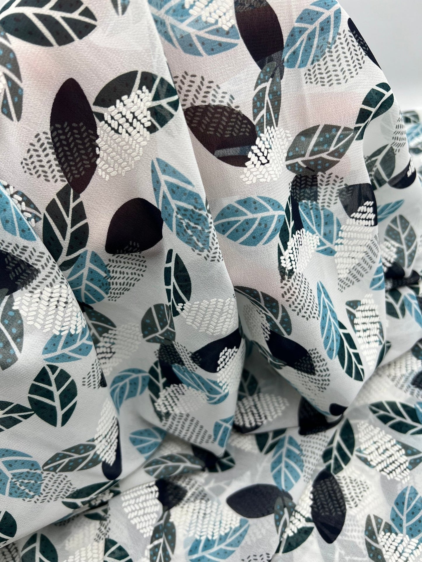 White Colorful Leaves Printed Chiffon Dress Fabric - T9 Fabrics