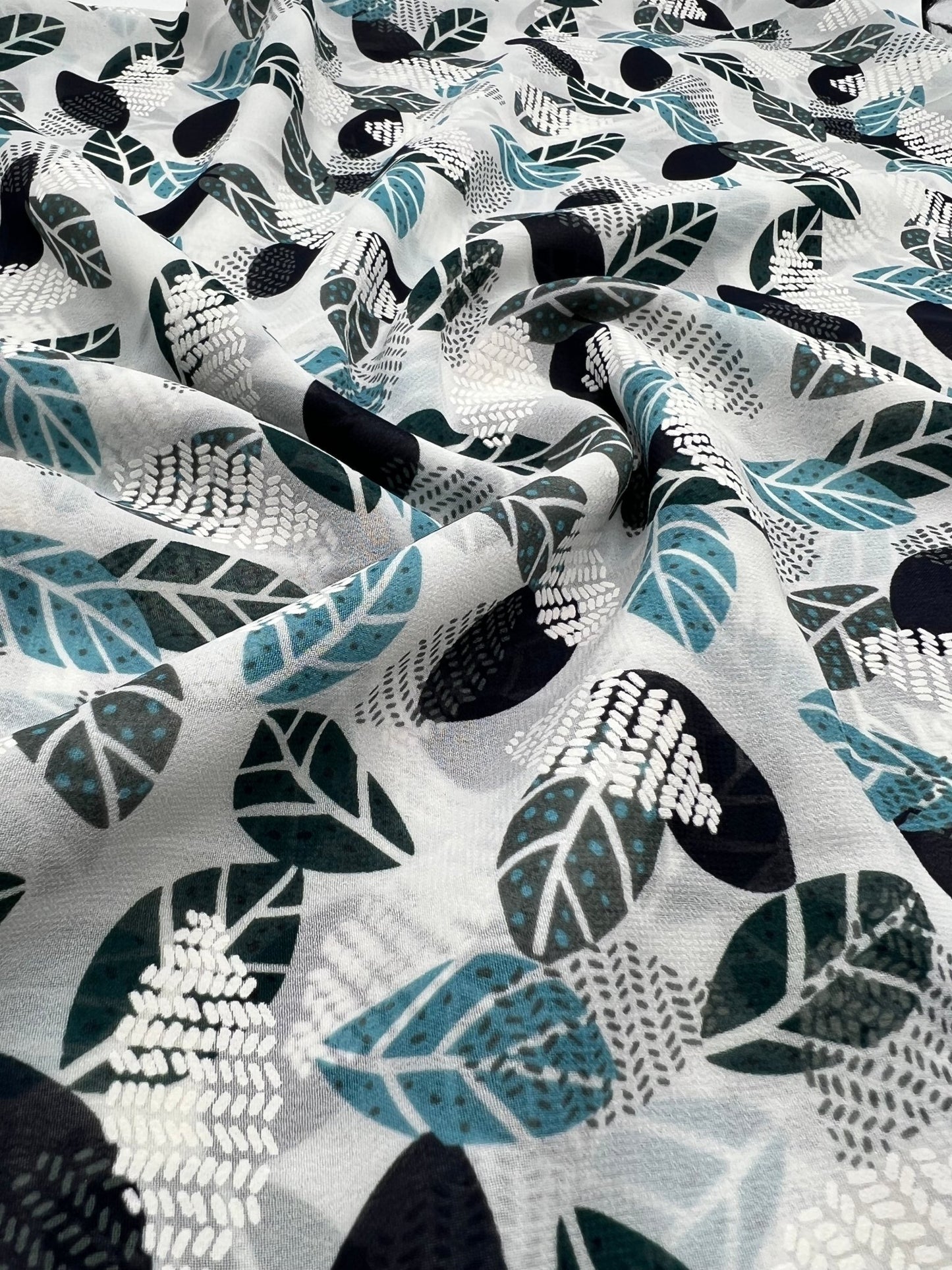 White Colorful Leaves Printed Chiffon Dress Fabric - T9 Fabrics