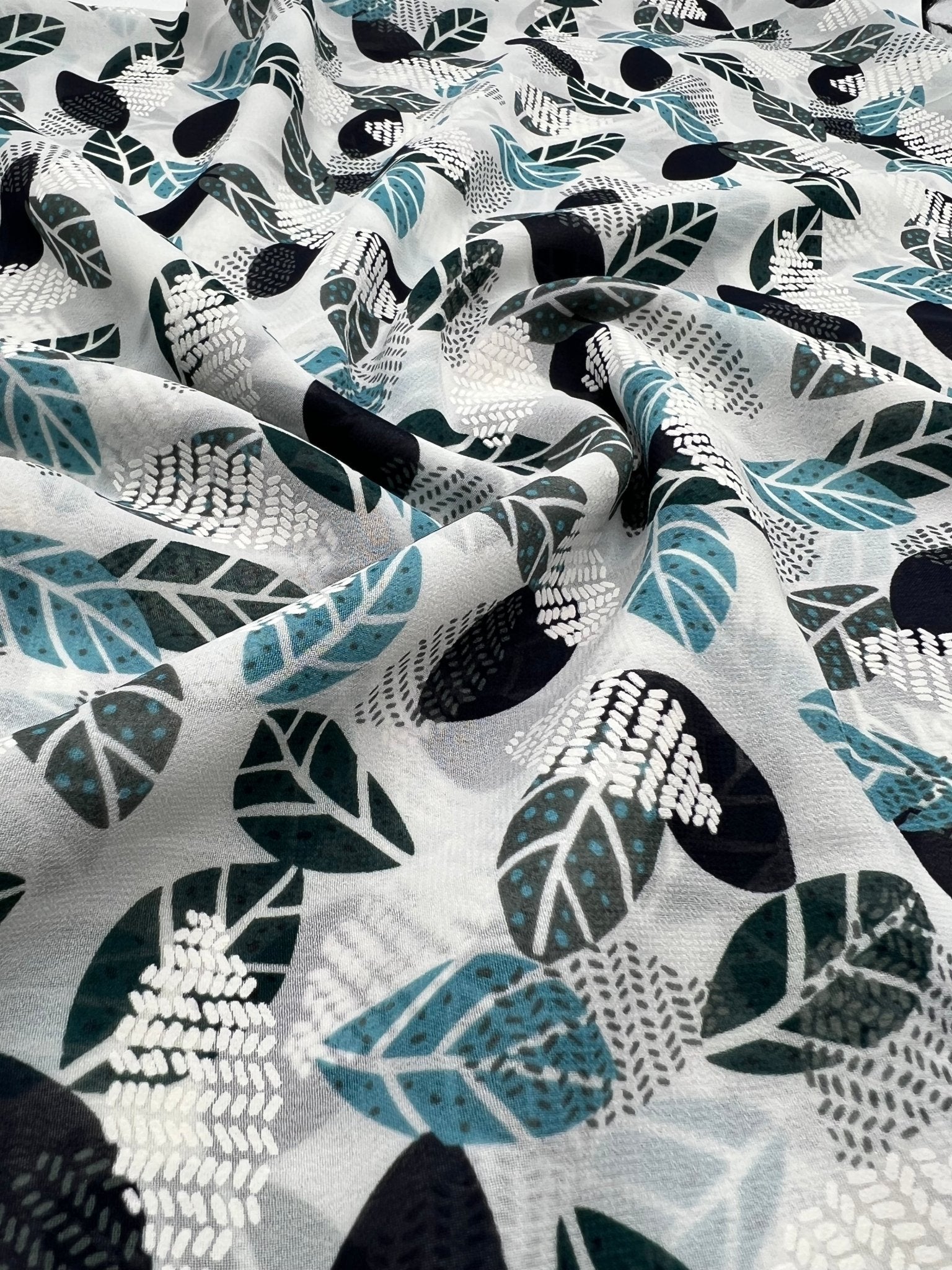 White Colorful Leaves Printed Chiffon Dress Fabric - T9 Fabrics