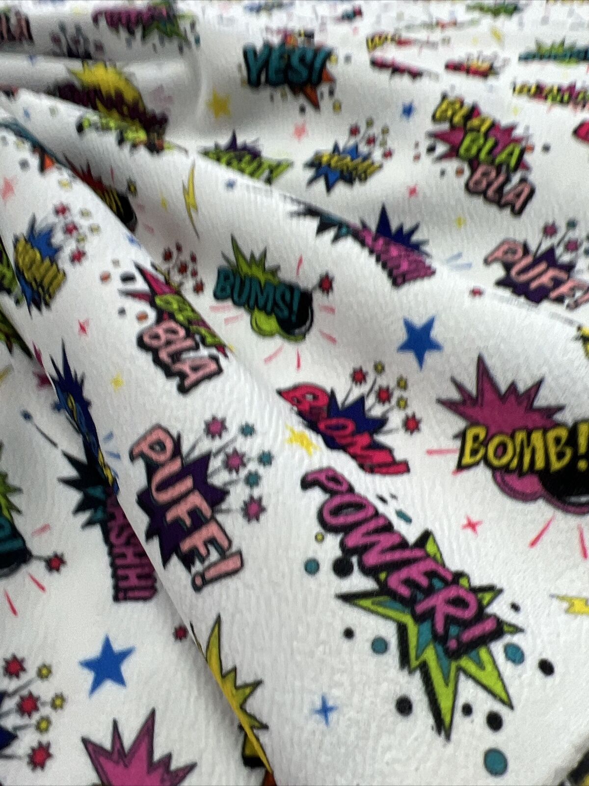 White Comic Print Liverpool Stretch Fabric - T9 Fabrics