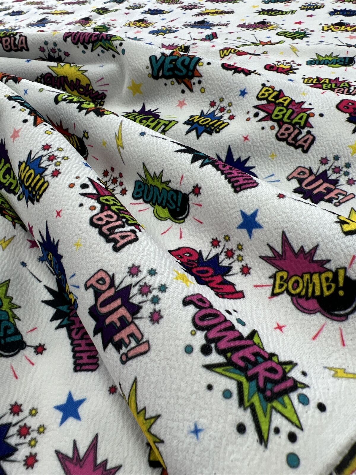 White Comic Print Liverpool Stretch Fabric - T9 Fabrics