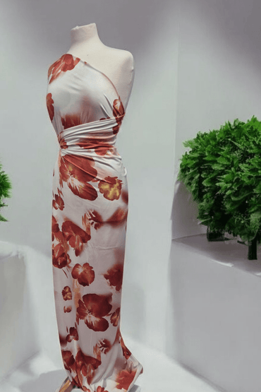 White Dark Red Floral Print Soft Touch Stretch Fabric - T9 Fabrics