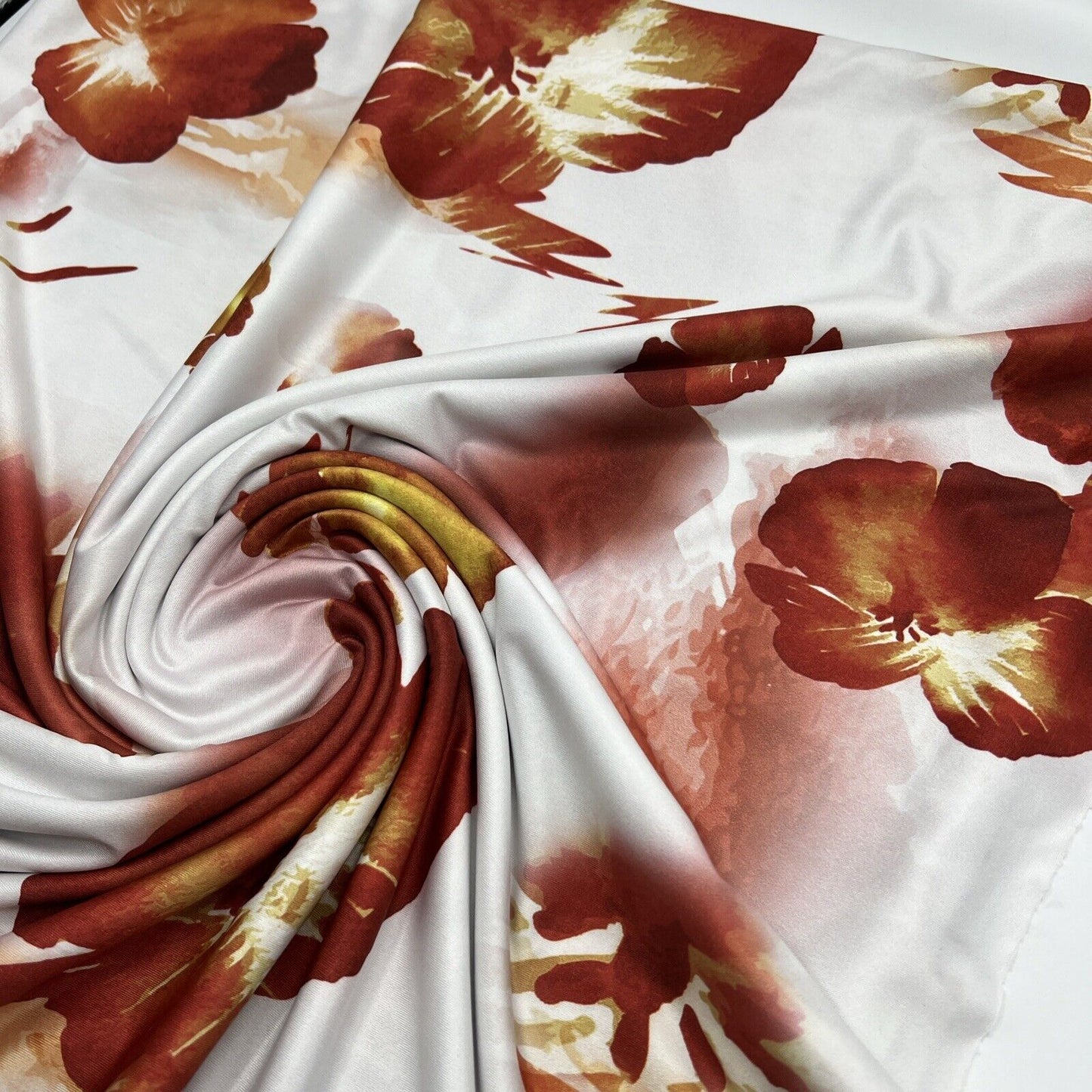 White Dark Red Floral Print Soft Touch Stretch Fabric - T9 Fabrics