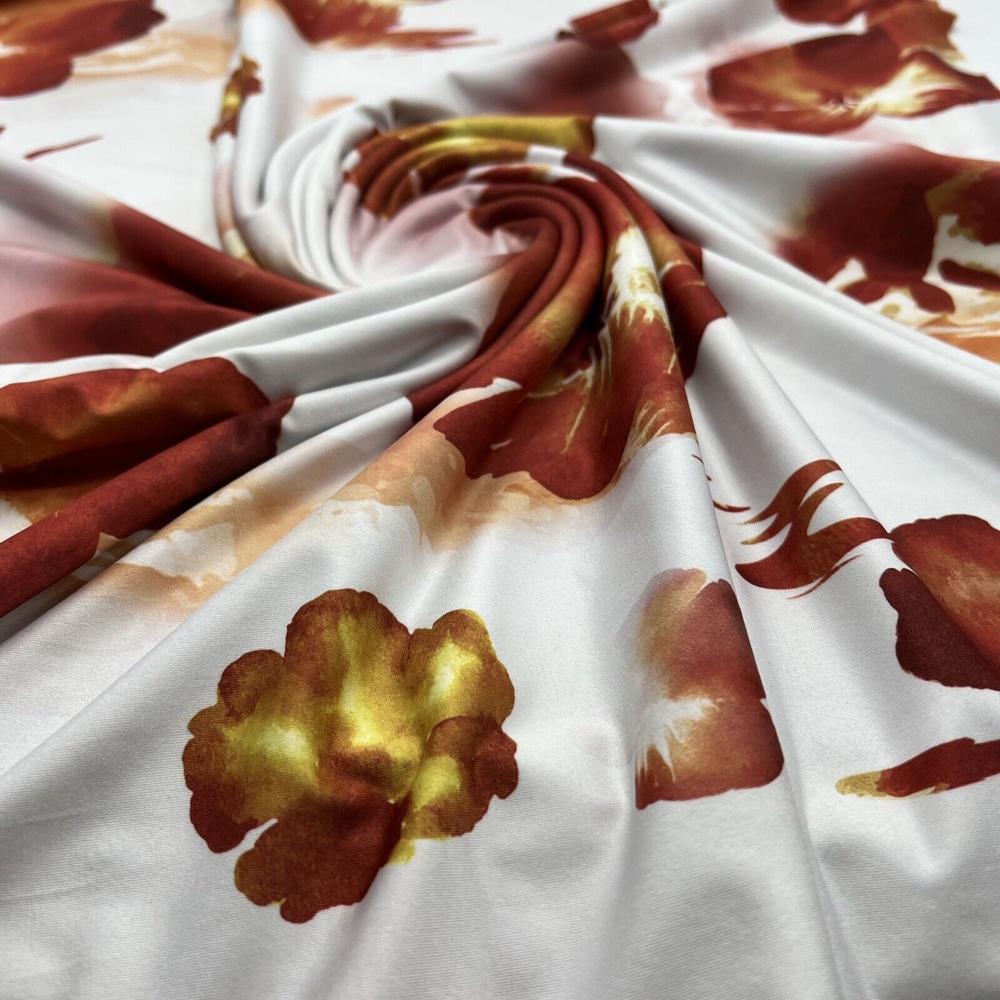 White Dark Red Floral Print Soft Touch Stretch Fabric - T9 Fabrics