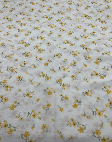White Ditsy Yellow Floral Print Lightweight Bubble Crepe Fabric - T9 Fabrics