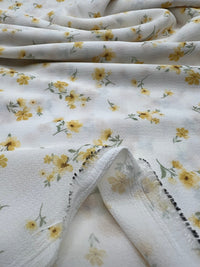 White Ditsy Yellow Floral Print Lightweight Bubble Crepe Fabric - T9 Fabrics