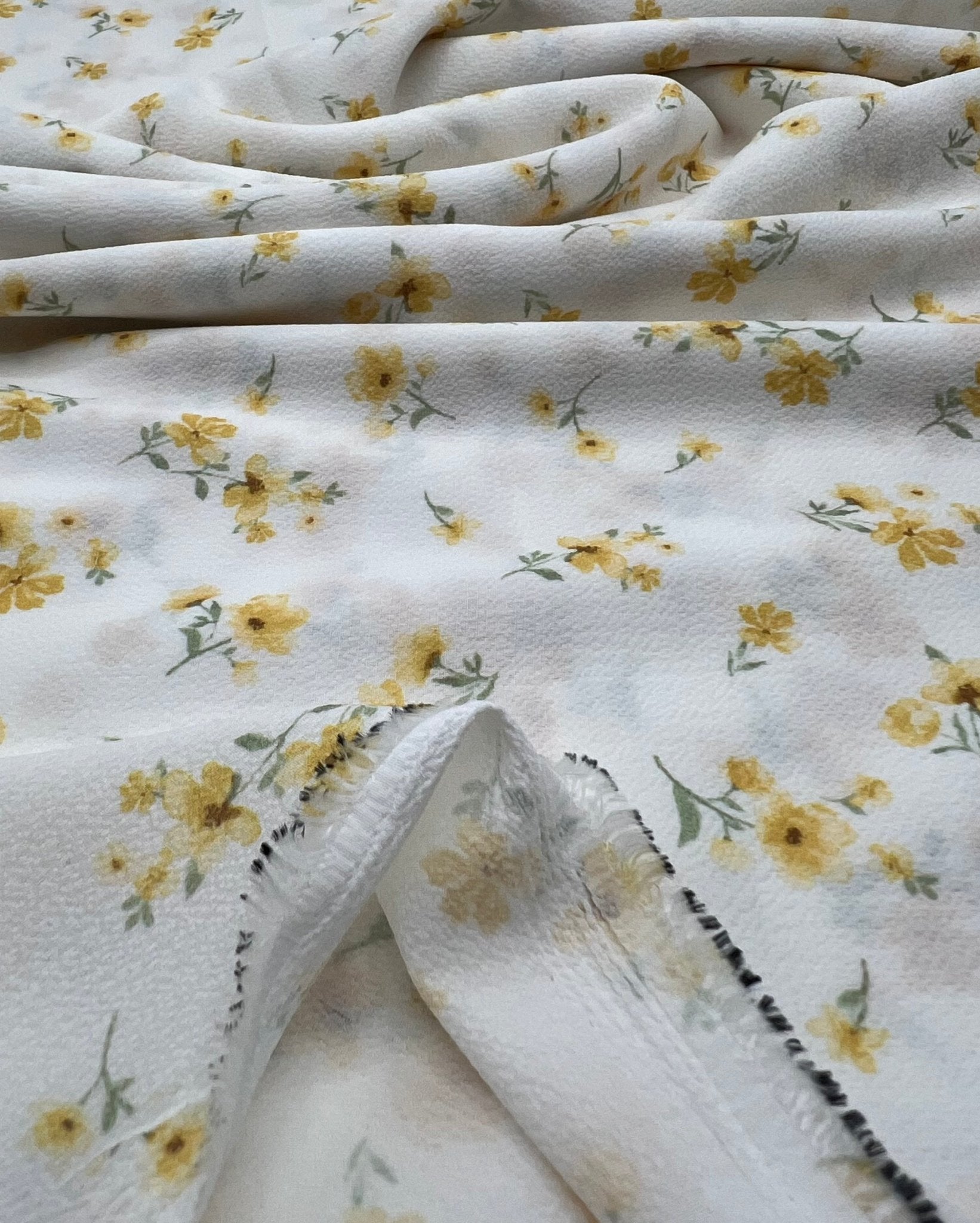 White Ditsy Yellow Floral Print Lightweight Bubble Crepe Fabric - T9 Fabrics