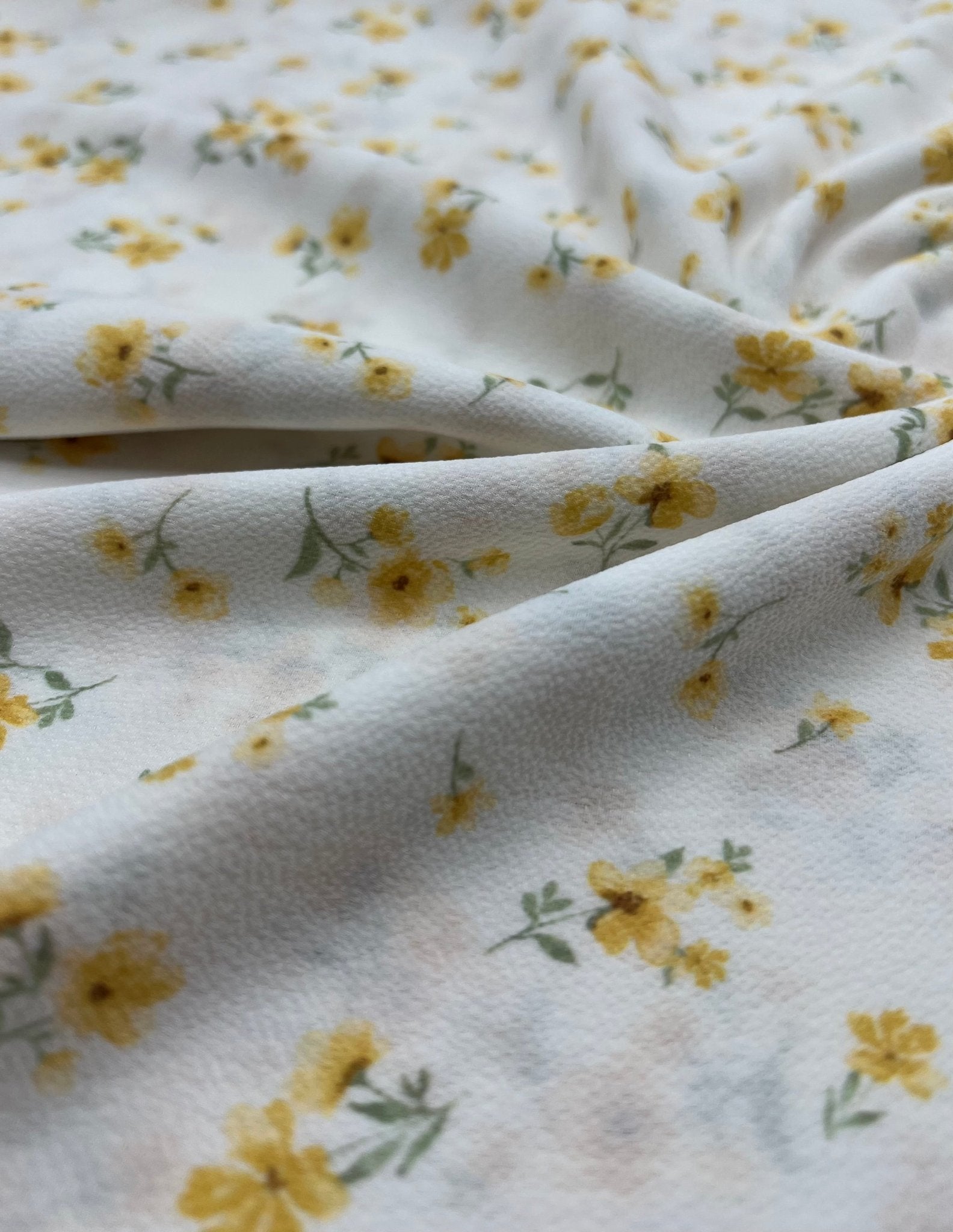 White Ditsy Yellow Floral Print Lightweight Bubble Crepe Fabric - T9 Fabrics