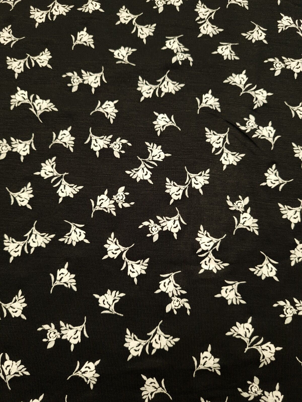 White Flower Small Print Black Viscose Elastane Fabric - T9 Fabrics