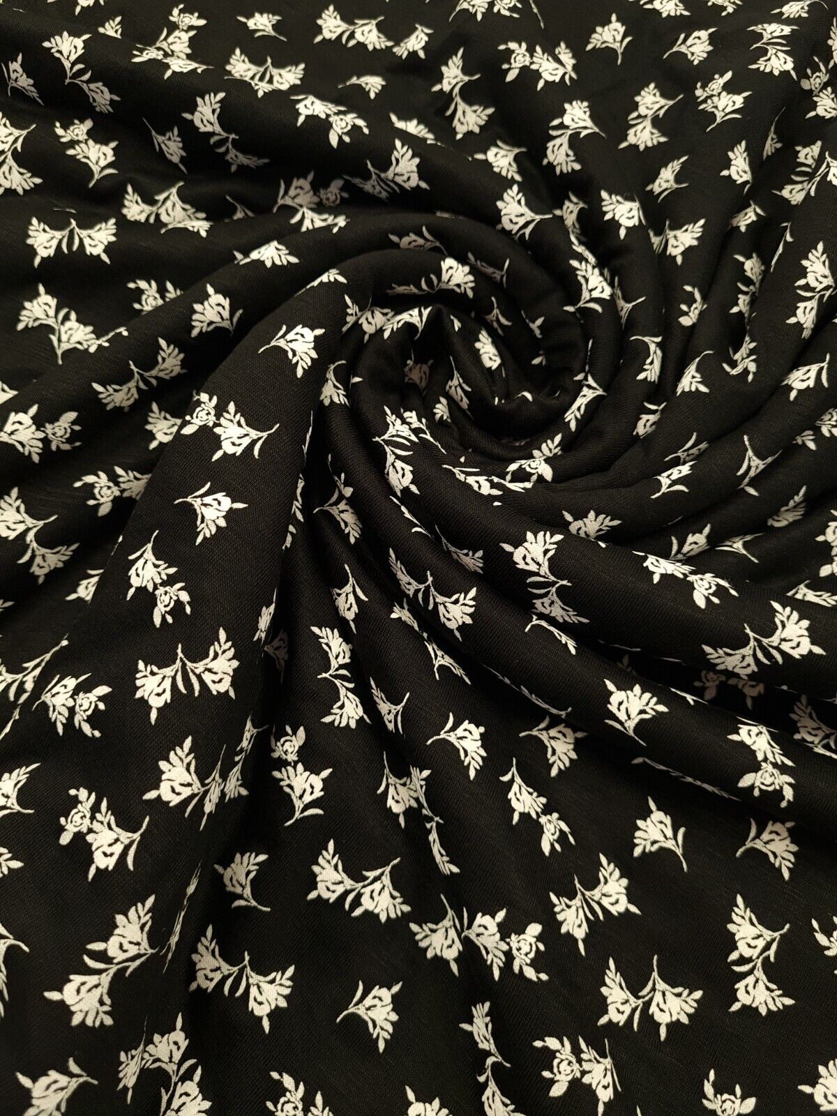 White Flower Small Print Black Viscose Elastane Fabric - T9 Fabrics