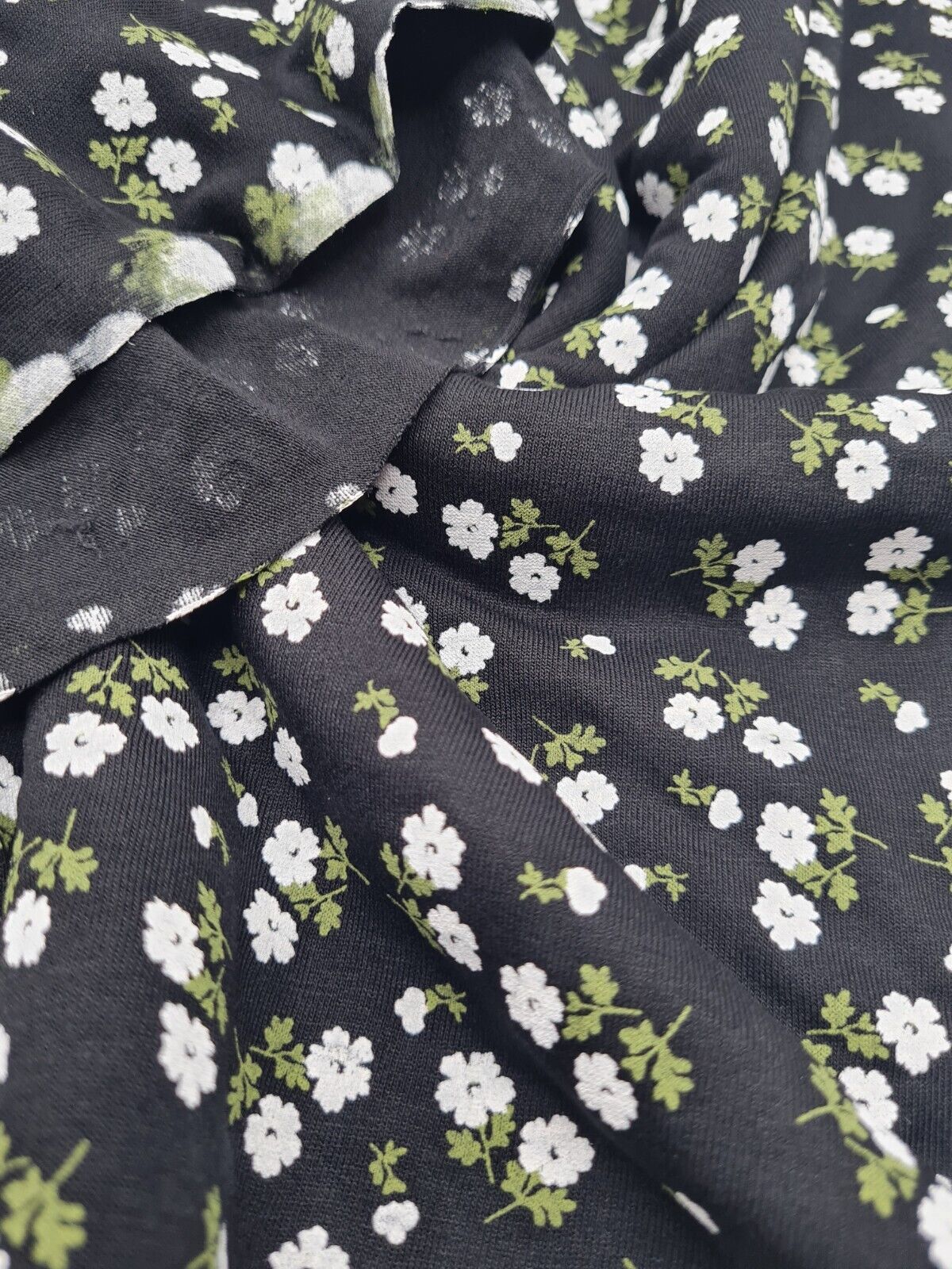 White Green on Black Ditsy Floral Print Viscose Elastane Fabric - T9 Fabrics