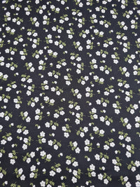 White Green on Black Ditsy Floral Print Viscose Elastane Fabric - T9 Fabrics