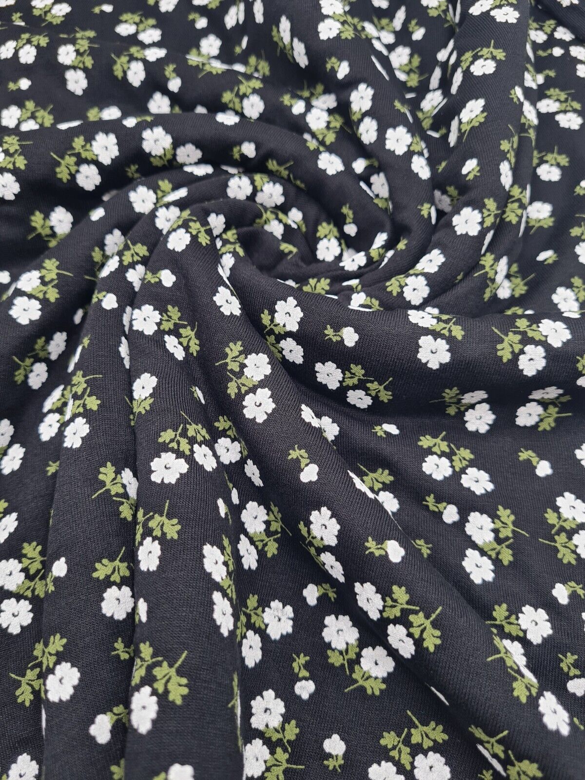 White Green on Black Ditsy Floral Print Viscose Elastane Fabric - T9 Fabrics