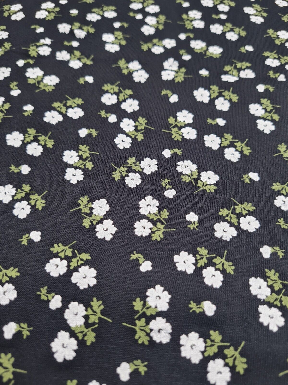 White Green on Black Ditsy Floral Print Viscose Elastane Fabric - T9 Fabrics