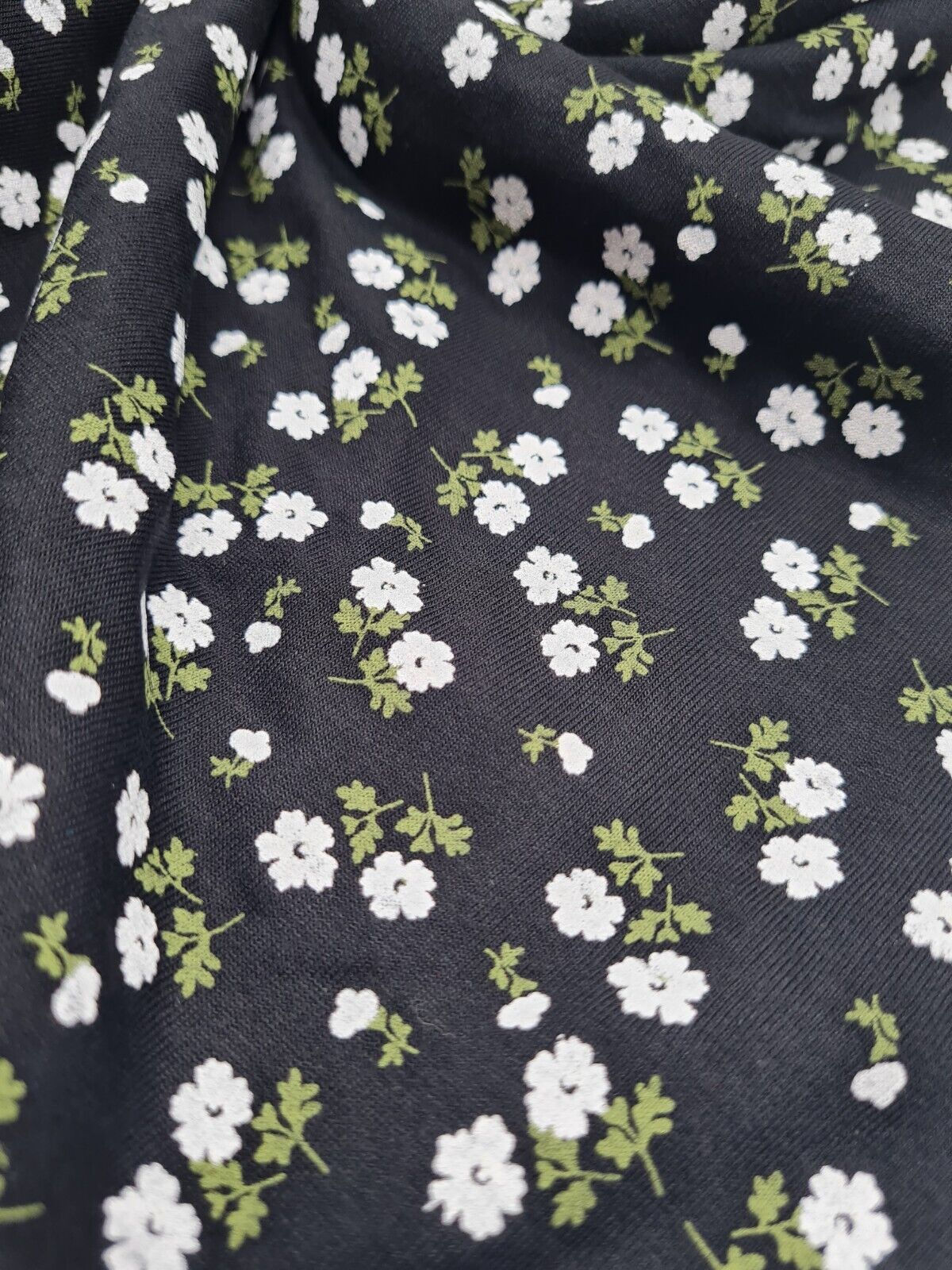 White Green on Black Ditsy Floral Print Viscose Elastane Fabric - T9 Fabrics